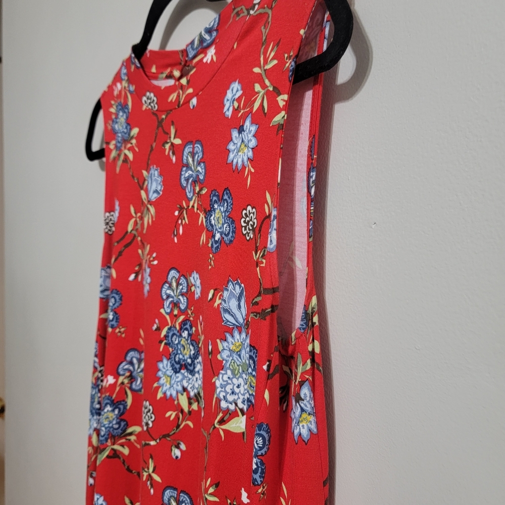 LOFT Vine Neck Mock Swing Dress Red Floral Medium Petite - Picture 5 of 8